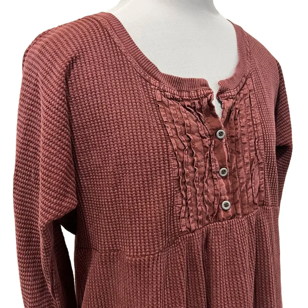 Free People FP ONE Jolene Waffle Knit Thermal Henley Tiered Mini Dress Wine S